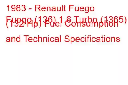 1983 - Renault Fuego
Fuego (136) 1.6 Turbo (1365) (132 Hp) Fuel Consumption and Technical Specifications