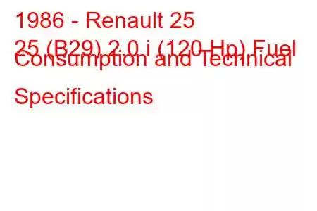 1986 - Renault 25
25 (B29) 2.0 i (120 Hp) Fuel Consumption and Technical Specifications