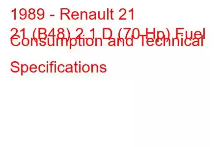 1989 - Renault 21
21 (B48) 2.1 D (70 Hp) Fuel Consumption and Technical Specifications