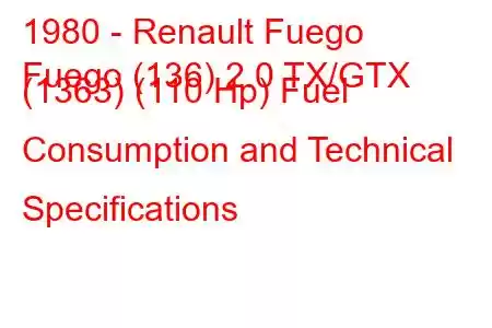 1980 - Renault Fuego
Fuego (136) 2.0 TX/GTX (1363) (110 Hp) Fuel Consumption and Technical Specifications