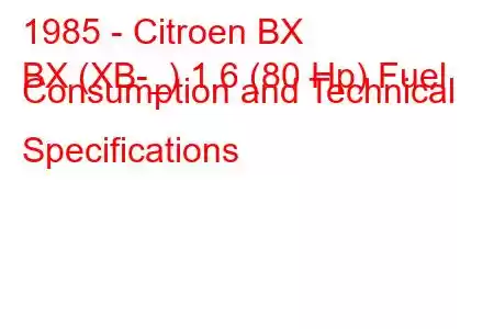 1985 - Citroen BX
BX (XB-_) 1.6 (80 Hp) Fuel Consumption and Technical Specifications