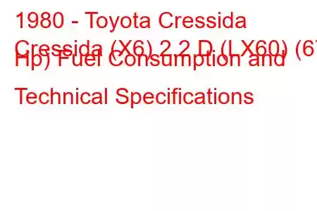 1980 - Toyota Cressida
Cressida (X6) 2.2 D (LX60) (67 Hp) Fuel Consumption and Technical Specifications