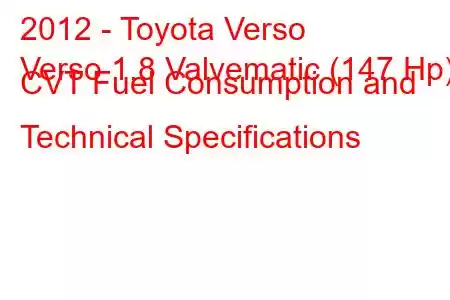 2012 - Toyota Verso
Verso 1.8 Valvematic (147 Hp) CVT Fuel Consumption and Technical Specifications