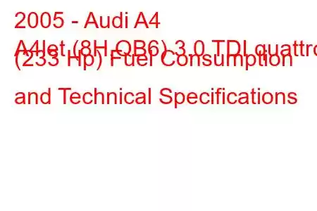 2005 - Audi A4
A4let (8H,QB6) 3.0 TDI quattro (233 Hp) Fuel Consumption and Technical Specifications