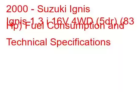 2000 - Suzuki Ignis
Ignis 1.3 i 16V 4WD (5dr) (83 Hp) Fuel Consumption and Technical Specifications