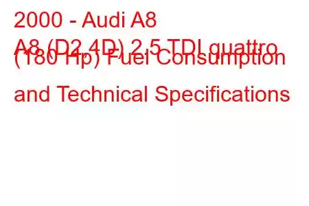 2000 - Audi A8
A8 (D2,4D) 2.5 TDI quattro (180 Hp) Fuel Consumption and Technical Specifications