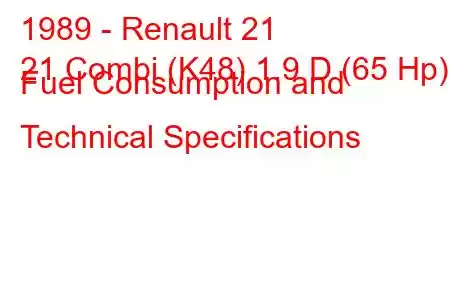 1989 - Renault 21
21 Combi (K48) 1.9 D (65 Hp) Fuel Consumption and Technical Specifications