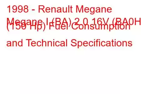 1998 - Renault Megane
Megane I (BA) 2.0 16V (BA0H) (150 Hp) Fuel Consumption and Technical Specifications