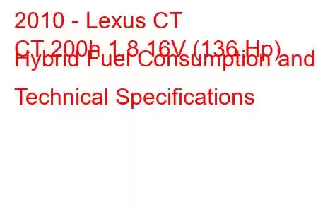 2010 - Lexus CT
CT 200h 1.8 16V (136 Hp) Hybrid Fuel Consumption and Technical Specifications