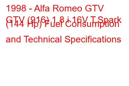 1998 - Alfa Romeo GTV
GTV (916) 1.8 i 16V T.Spark (144 Hp) Fuel Consumption and Technical Specifications