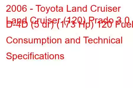 2006 - Toyota Land Cruiser
Land Cruiser (120) Prado 3.0 D-4D (5 dr) (173 Hp) 120 Fuel Consumption and Technical Specifications