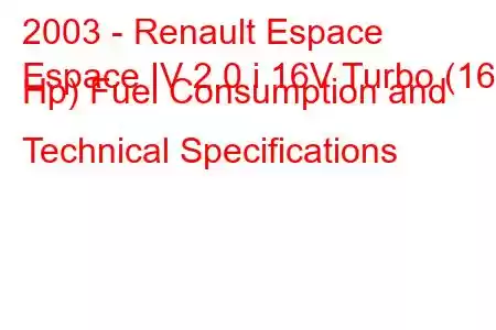 2003 - Renault Espace
Espace IV 2.0 i 16V Turbo (165 Hp) Fuel Consumption and Technical Specifications