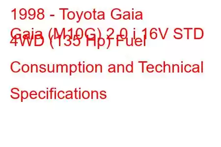 1998 - Toyota Gaia
Gaia (M10G) 2.0 i 16V STD 4WD (135 Hp) Fuel Consumption and Technical Specifications