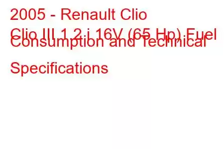 2005 - Renault Clio
Clio III 1.2 i 16V (65 Hp) Fuel Consumption and Technical Specifications