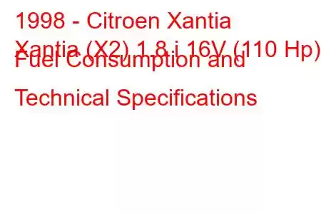 1998 - Citroen Xantia
Xantia (X2) 1.8 i 16V (110 Hp) Fuel Consumption and Technical Specifications