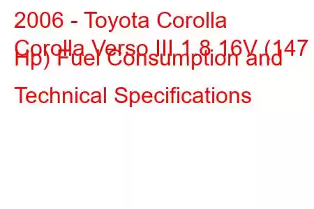 2006 - Toyota Corolla
Corolla Verso III 1.8 16V (147 Hp) Fuel Consumption and Technical Specifications