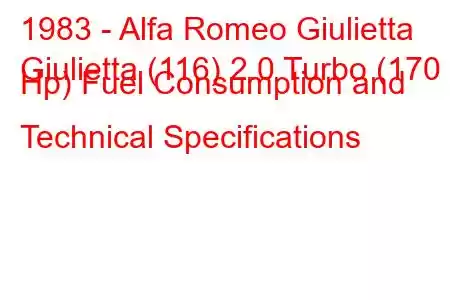 1983 - Alfa Romeo Giulietta
Giulietta (116) 2.0 Turbo (170 Hp) Fuel Consumption and Technical Specifications