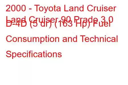 2000 - Toyota Land Cruiser
Land Cruiser 90 Prado 3.0 D-4D (5 dr) (163 Hp) Fuel Consumption and Technical Specifications