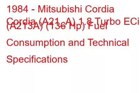 1984 - Mitsubishi Cordia
Cordia (A21_A) 1.8 Turbo ECi (A213A) (136 Hp) Fuel Consumption and Technical Specifications