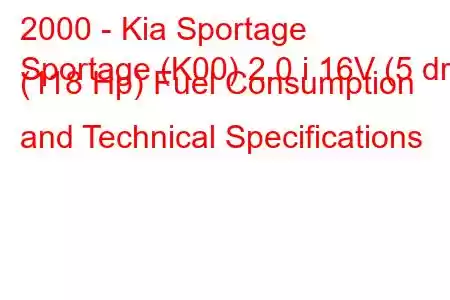 2000 - Kia Sportage
Sportage (K00) 2.0 i 16V (5 dr) (118 Hp) Fuel Consumption and Technical Specifications