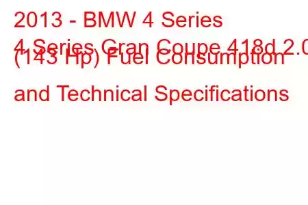 2013 - BMW 4 Series
4 Series Gran Coupe 418d 2.0 (143 Hp) Fuel Consumption and Technical Specifications