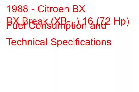 1988 - Citroen BX
BX Break (XB-_) 16 (72 Hp) Fuel Consumption and Technical Specifications