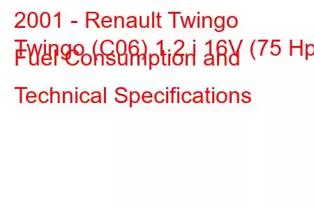 2001 - Renault Twingo
Twingo (C06) 1.2 i 16V (75 Hp) Fuel Consumption and Technical Specifications