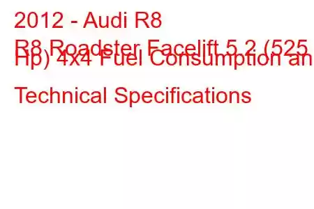 2012 - Audi R8
R8 Roadster Facelift 5.2 (525 Hp) 4x4 Fuel Consumption and Technical Specifications