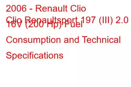 2006 - Renault Clio
Clio Renaultsport 197 (III) 2.0 i 16V (200 Hp) Fuel Consumption and Technical Specifications