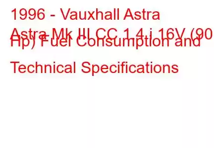 1996 - Vauxhall Astra
Astra Mk III CC 1.4 i 16V (90 Hp) Fuel Consumption and Technical Specifications