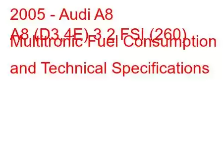 2005 - Audi A8
A8 (D3,4E) 3.2 FSI (260) Multitronic Fuel Consumption and Technical Specifications