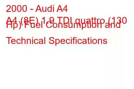 2000 - Audi A4
A4 (8E) 1.9 TDI quattro (130 Hp) Fuel Consumption and Technical Specifications