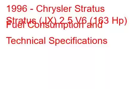 1996 - Chrysler Stratus
Stratus (JX) 2.5 V6 (163 Hp) Fuel Consumption and Technical Specifications