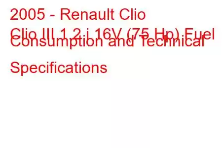 2005 - Renault Clio
Clio III 1.2 i 16V (75 Hp) Fuel Consumption and Technical Specifications