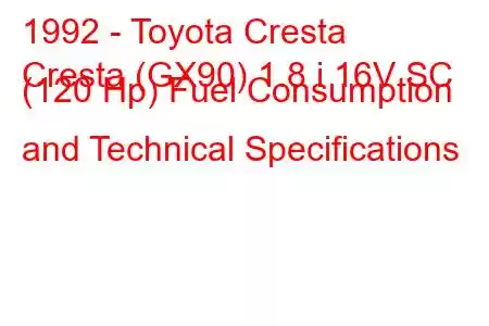 1992 - Toyota Cresta
Cresta (GX90) 1.8 i 16V SC (120 Hp) Fuel Consumption and Technical Specifications