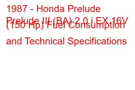 1987 - Honda Prelude
Prelude III (BA) 2.0 i EX 16V (150 Hp) Fuel Consumption and Technical Specifications