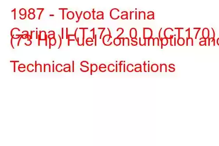 1987 - Toyota Carina
Carina II (T17) 2.0 D (CT170) (73 Hp) Fuel Consumption and Technical Specifications