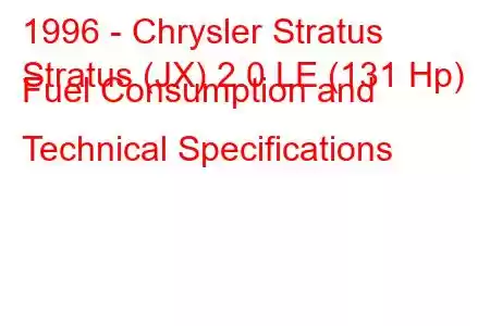 1996 - Chrysler Stratus
Stratus (JX) 2.0 LE (131 Hp) Fuel Consumption and Technical Specifications