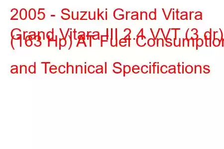 2005 - Suzuki Grand Vitara
Grand Vitara III 2.4 VVT (3 dr) (163 Hp) AT Fuel Consumption and Technical Specifications