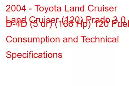 2004 - Toyota Land Cruiser
Land Cruiser (120) Prado 3.0 D-4D (5 dr) (166 Hp) 120 Fuel Consumption and Technical Specifications