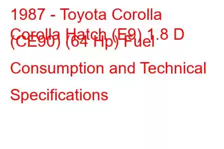 1987 - Toyota Corolla
Corolla Hatch (E9) 1.8 D (CE90) (64 Hp) Fuel Consumption and Technical Specifications