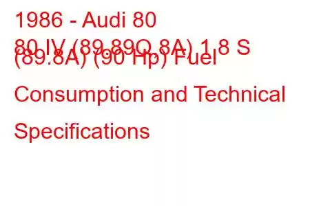 1986 - Audi 80
80 IV (89.89Q,8A) 1.8 S (89.8A) (90 Hp) Fuel Consumption and Technical Specifications