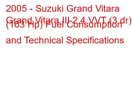 2005 - Suzuki Grand Vitara
Grand Vitara III 2.4 VVT (3 dr) (163 Hp) Fuel Consumption and Technical Specifications