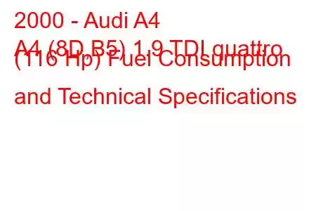 2000 - Audi A4
A4 (8D,B5) 1.9 TDI quattro (116 Hp) Fuel Consumption and Technical Specifications