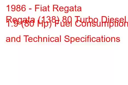 1986 - Fiat Regata
Regata (138) 80 Turbo Diesel 1.9 (80 Hp) Fuel Consumption and Technical Specifications