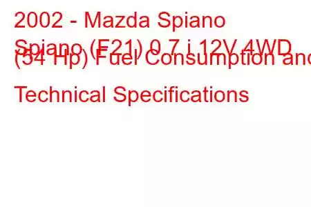 2002 - Mazda Spiano
Spiano (F21) 0.7 i 12V 4WD (54 Hp) Fuel Consumption and Technical Specifications