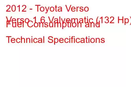 2012 - Toyota Verso
Verso 1.6 Valvematic (132 Hp) Fuel Consumption and Technical Specifications