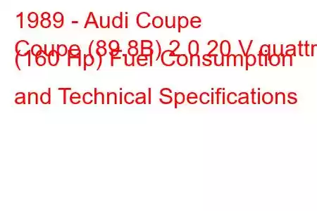 1989 - Audi Coupe
Coupe (89.8B) 2.0 20 V quattro (160 Hp) Fuel Consumption and Technical Specifications