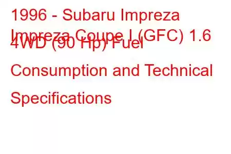 1996 - Subaru Impreza
Impreza Coupe I (GFC) 1.6 4WD (90 Hp) Fuel Consumption and Technical Specifications