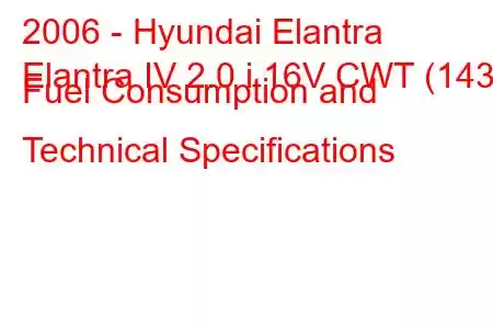 2006 - Hyundai Elantra
Elantra IV 2.0 i 16V CWT (143) Fuel Consumption and Technical Specifications